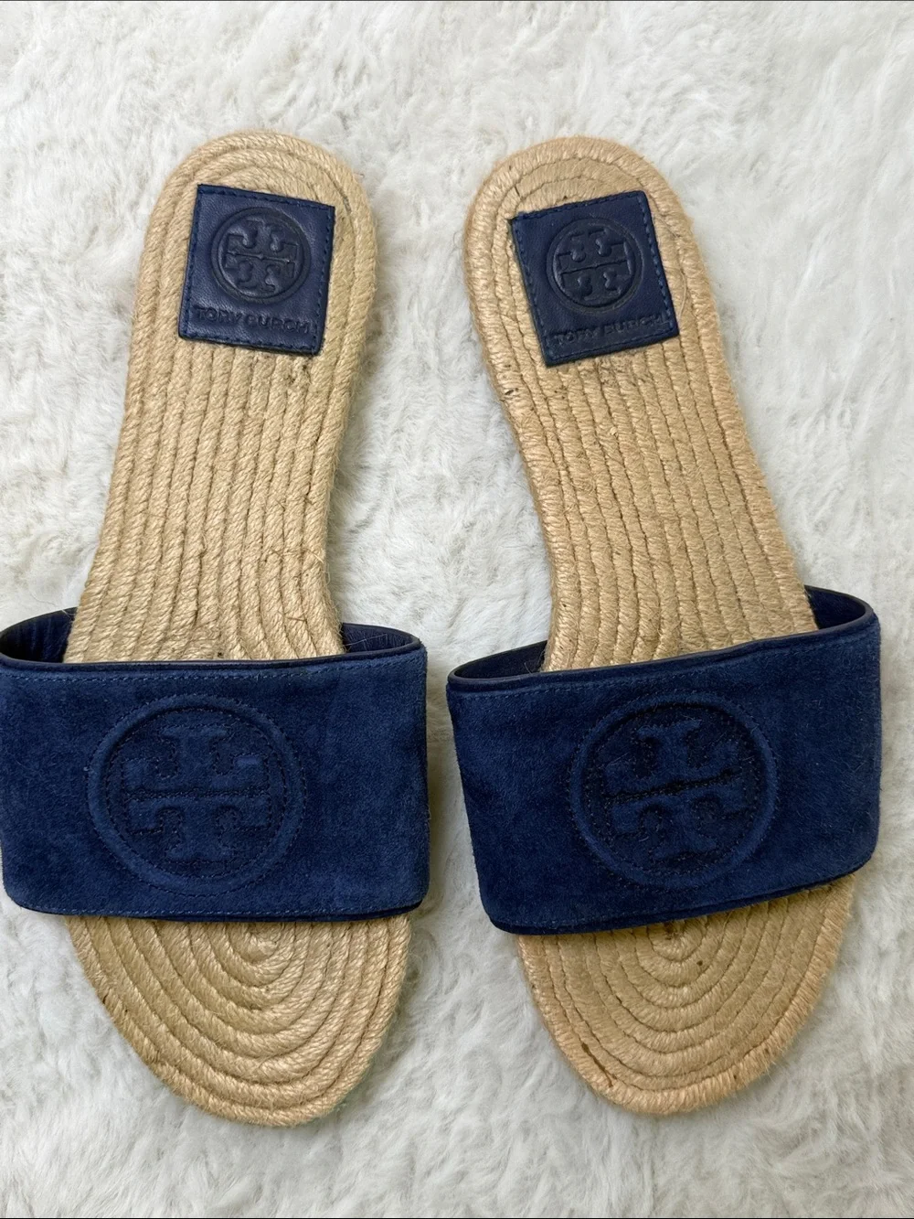 Tory Burch Benton Kid Suede Open Toe Espadrille Slide Navy 7.5 Embossed Logo